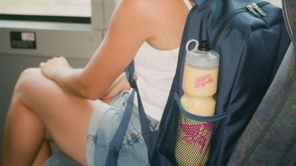 Tour merch backpack and branded reusable water bottle during travel between events