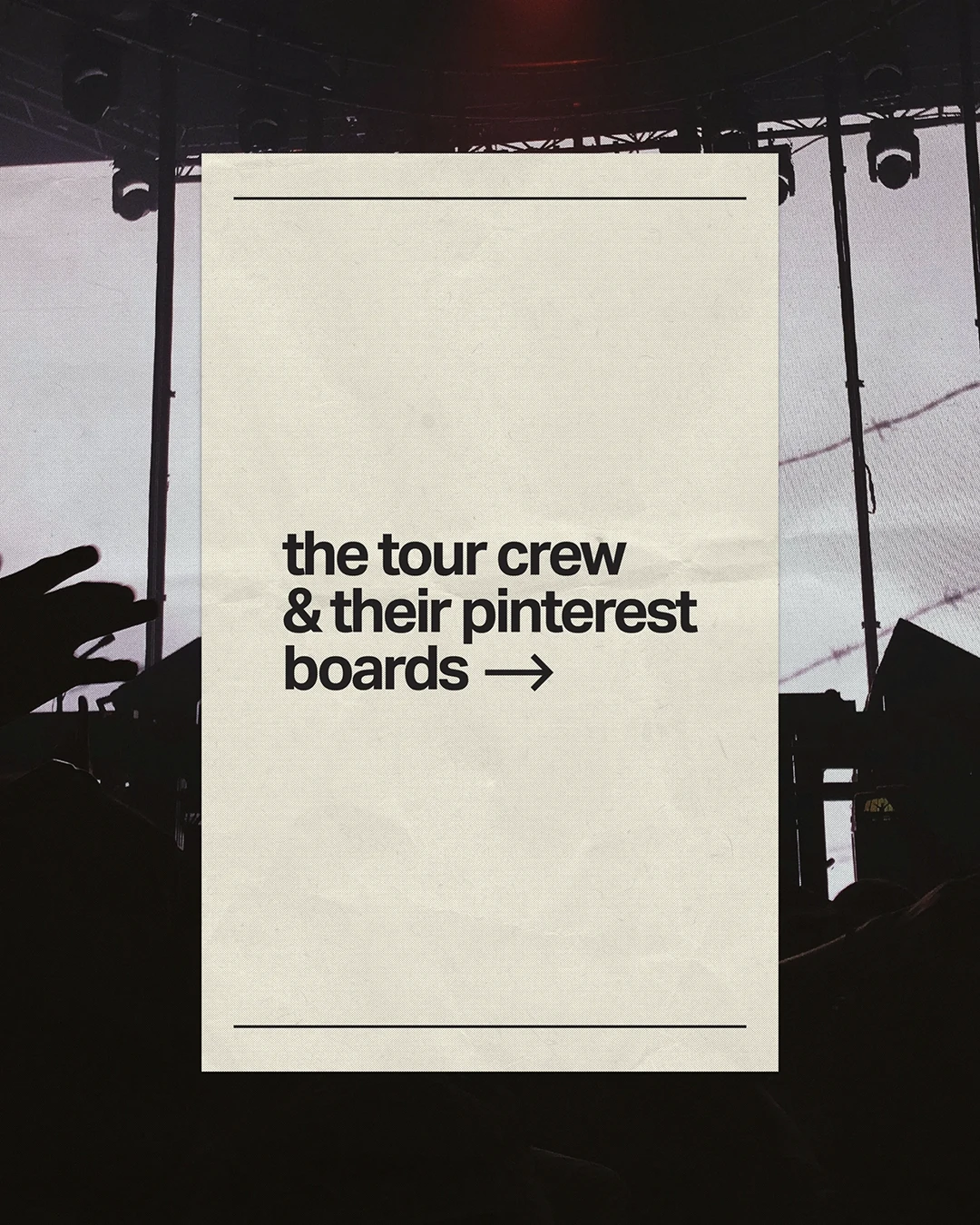Intro graphic showcasing Pinterest-inspired mood boards for the tour crew, highlighting tour swag, branded merchandise, custom merch, and merchandise for the entertainment industry.