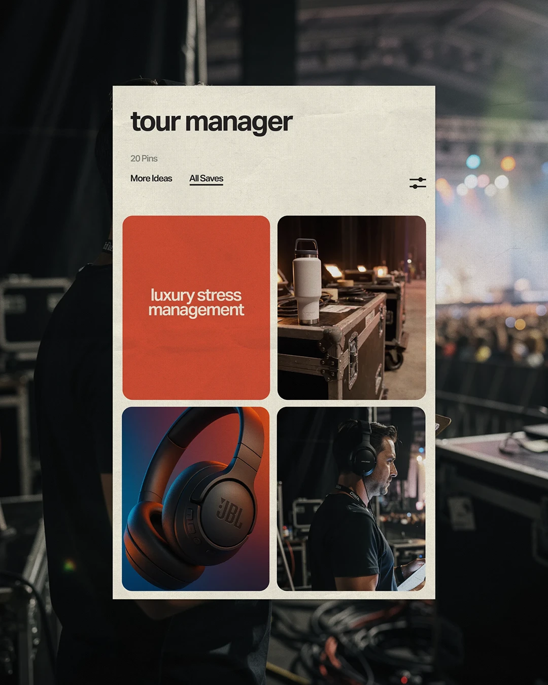 Pinterest-inspired mood board for a tour manager featuring tour merchandise, VIP tour merchandise, backstage essentials, headphones, and custom merch ideas from an event merchandise company serving the entertainment industry.