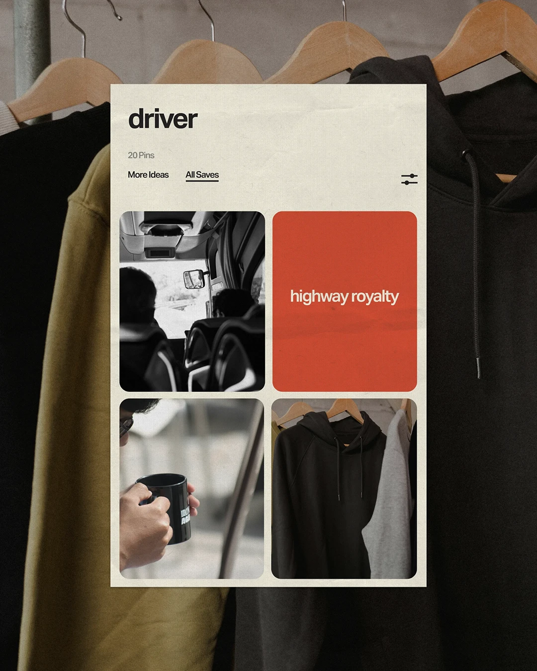 Pinterest-inspired mood board for a tour driver featuring tour swag, coffee, travel essentials, apparel, and custom merch designed by an event merchandise company for touring professionals.