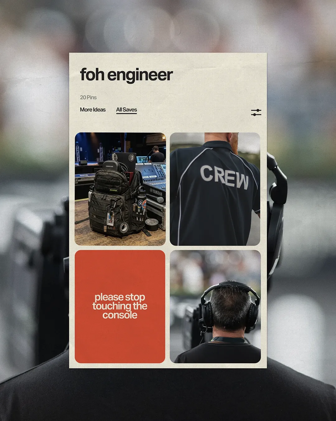 Pinterest-inspired mood board for a front of house (FOH) engineer featuring audio gear, crew apparel, tour merchandise, branded merchandise, and custom merch for the entertainment industry.