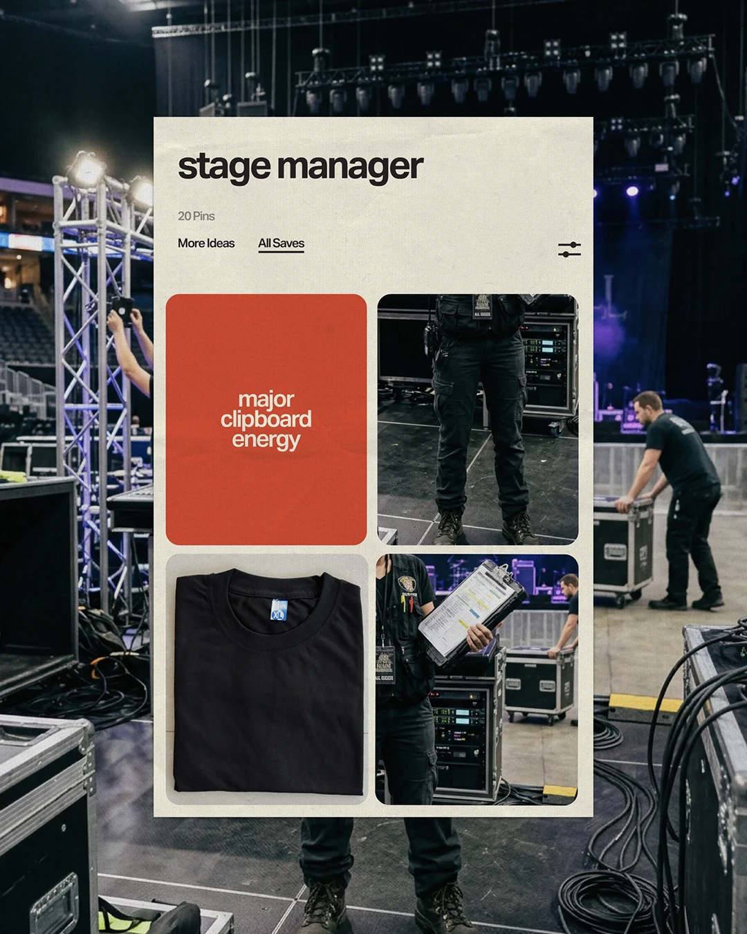 Pinterest-inspired mood board for a stage manager showcasing backstage gear, clipboards, crew apparel, and tour swag from an event merchandise company specializing in merchandise for the entertainment industry.