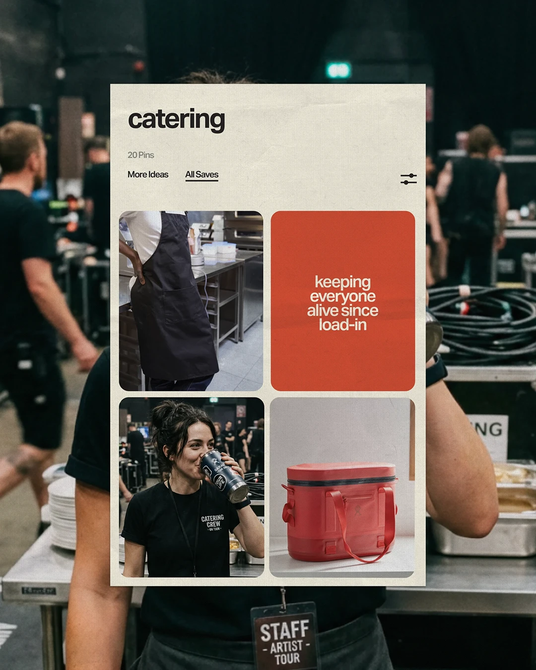 Pinterest-inspired mood board for a tour catering crew featuring drinkware, apparel, coolers, and branded merchandise that doubles as employee gifts, client gifts, and corporate gift kits for touring teams.