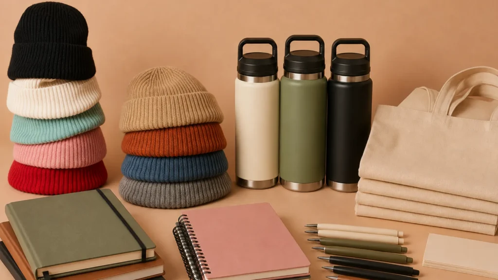 Assorted holiday swag including beanies, water bottles, tote bags, and notebooks on a tan background