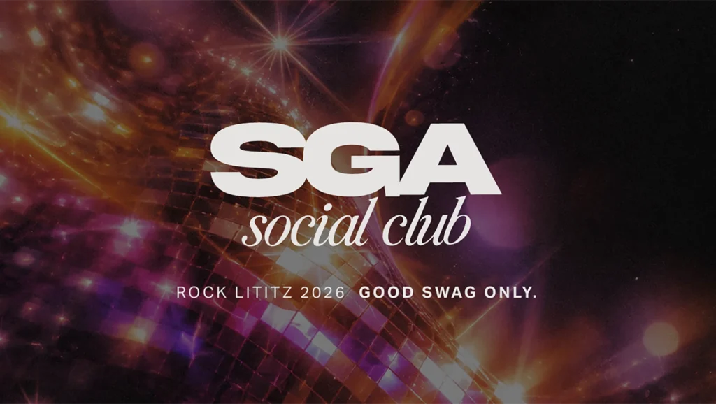 Bright disco ball with glowing orange and purple lights behind SGA Social Club text.